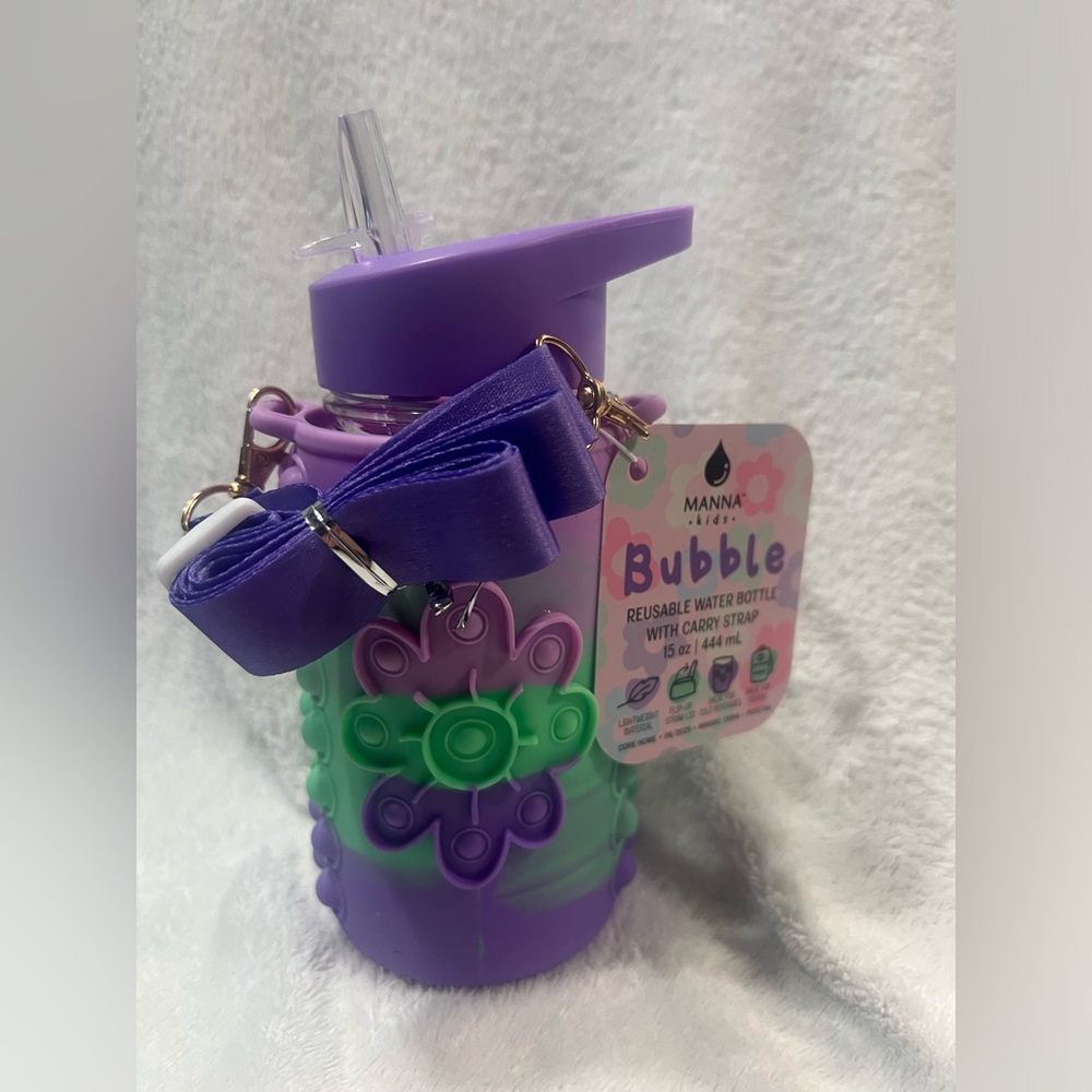 MANNA Kids Bubble Reusable Water Bottle Pop-It Flower Theme With Carry Strap